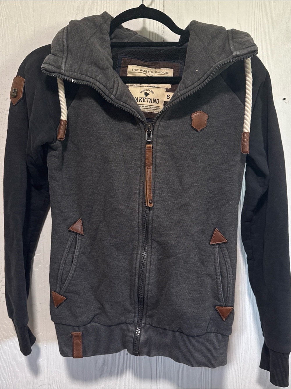 Naketano Gray Hooded Zip Jacket with Brown Trim